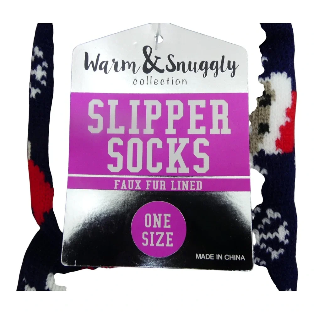 Warm & Snuggly Slipper Socks Womens OS Navy NWT Santa Snowflake Faux Fur Lined